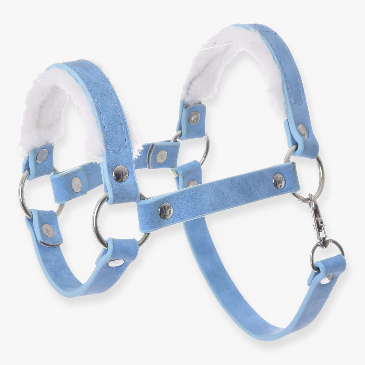 LarDen Hobby Horse szőrmés kötőfék Pastell Blue (műbőr): pasztellkék, fehér szőrmével, ezüstszínű karikákkal és karabinerrel