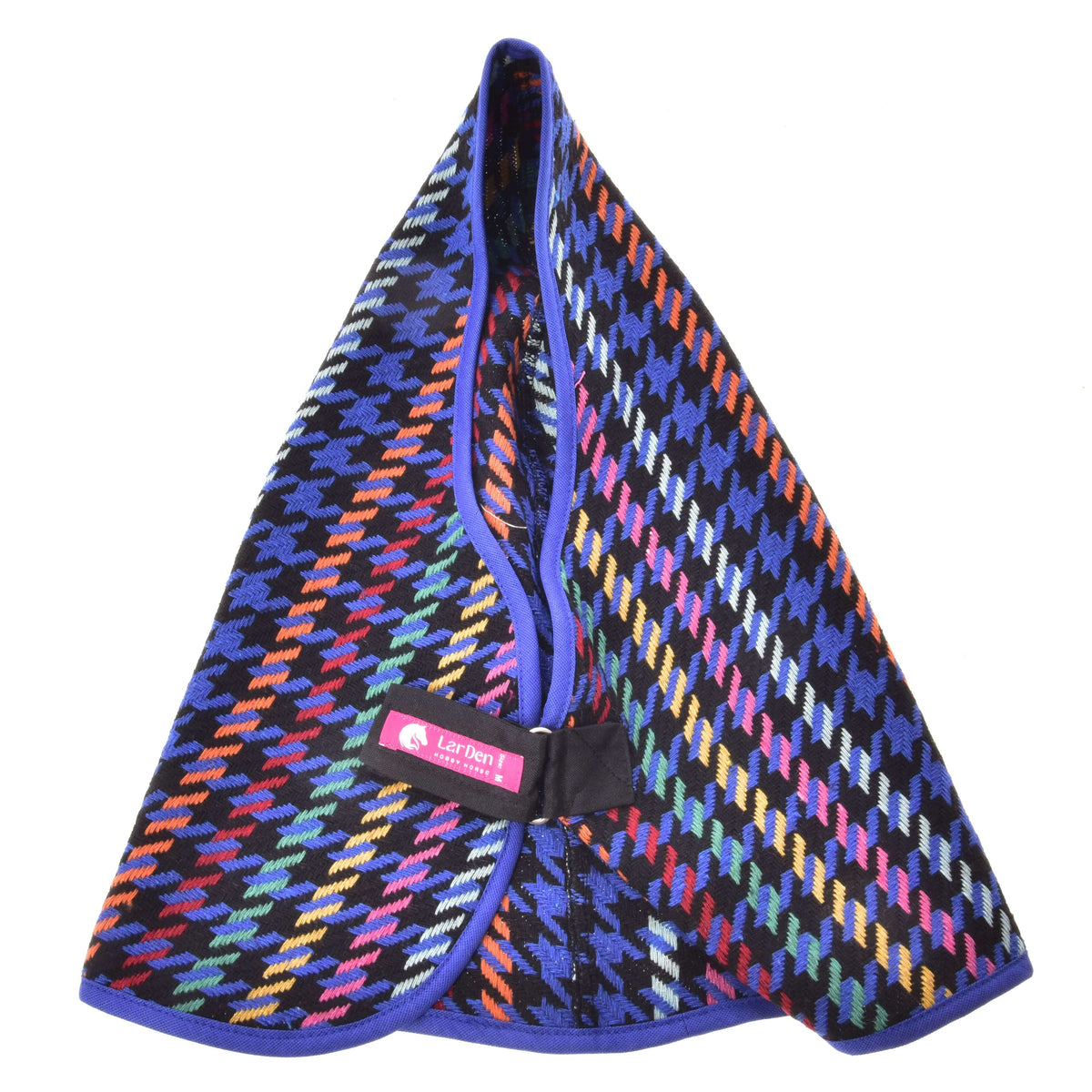 Hobby Horse Stable Blanket Peru folded, front strap with the pink LarDen label and the bright houndstooth weave