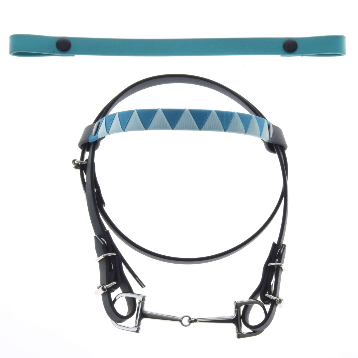 Black Hobby Horse bridle with bit and turquoise triangle browband, plus a second plain turquoise browband with press studs