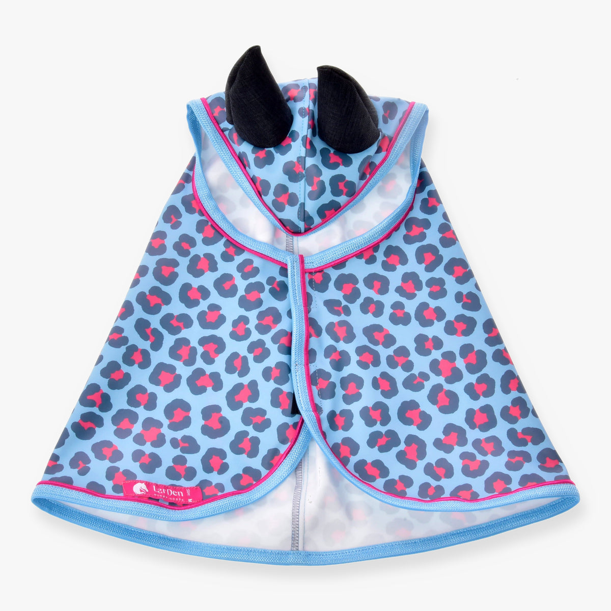 LarDen Hobby Horse esőtakaró Blue Leopard felülről: világoskék, antracitszürke és rózsaszín foltokkal, fekete fülekkel és rózsaszín paszpóllal