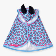 LarDen Hobby Horse esőtakaró Blue Leopard felülről: világoskék, antracitszürke és rózsaszín foltokkal, fekete fülekkel és rózsaszín paszpóllal