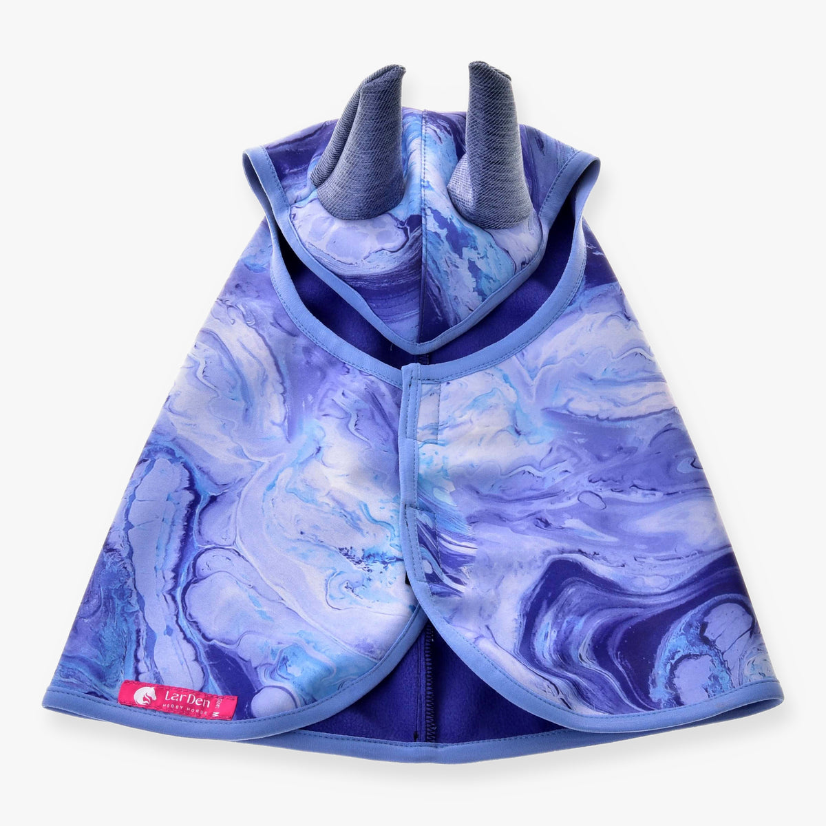 LarDen Hobby Horse esőtakaró Galaxy Blue felülről: márványos orgonalila-kék minta kékesszürke fülekkel és világoskék szegéllyel