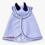Hobby Horse Raincoat Luméa by LarDen from above, pale lavender blue with navy ears and silver glitter binding