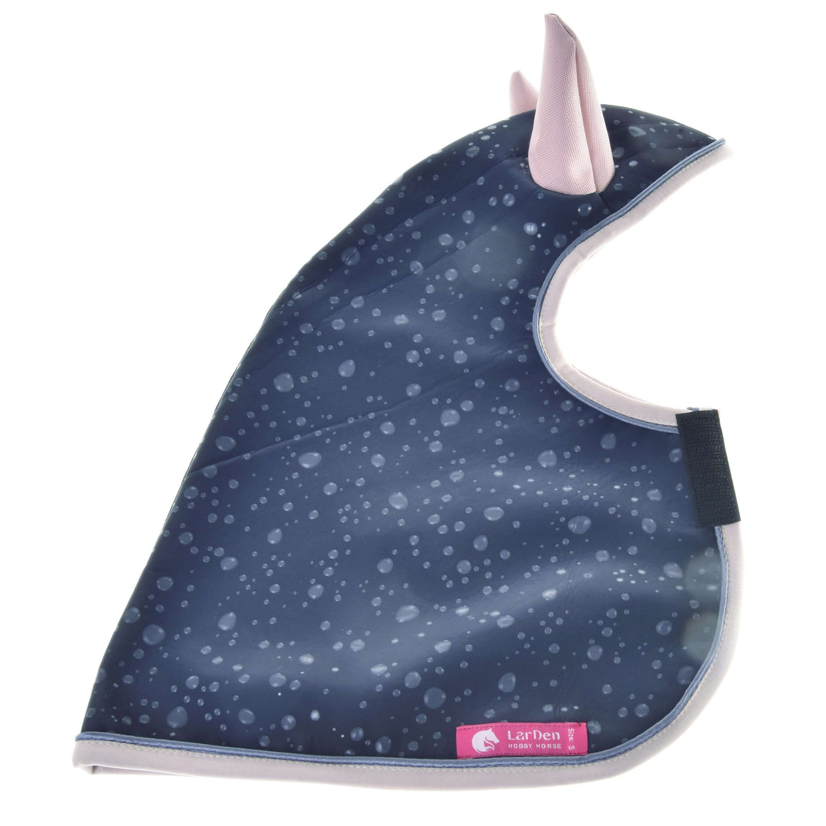 Hobby Horse Raincoat Pinkie Blue laid flat on white, navy softshell with raindrop print, blush pink edging and LarDen label