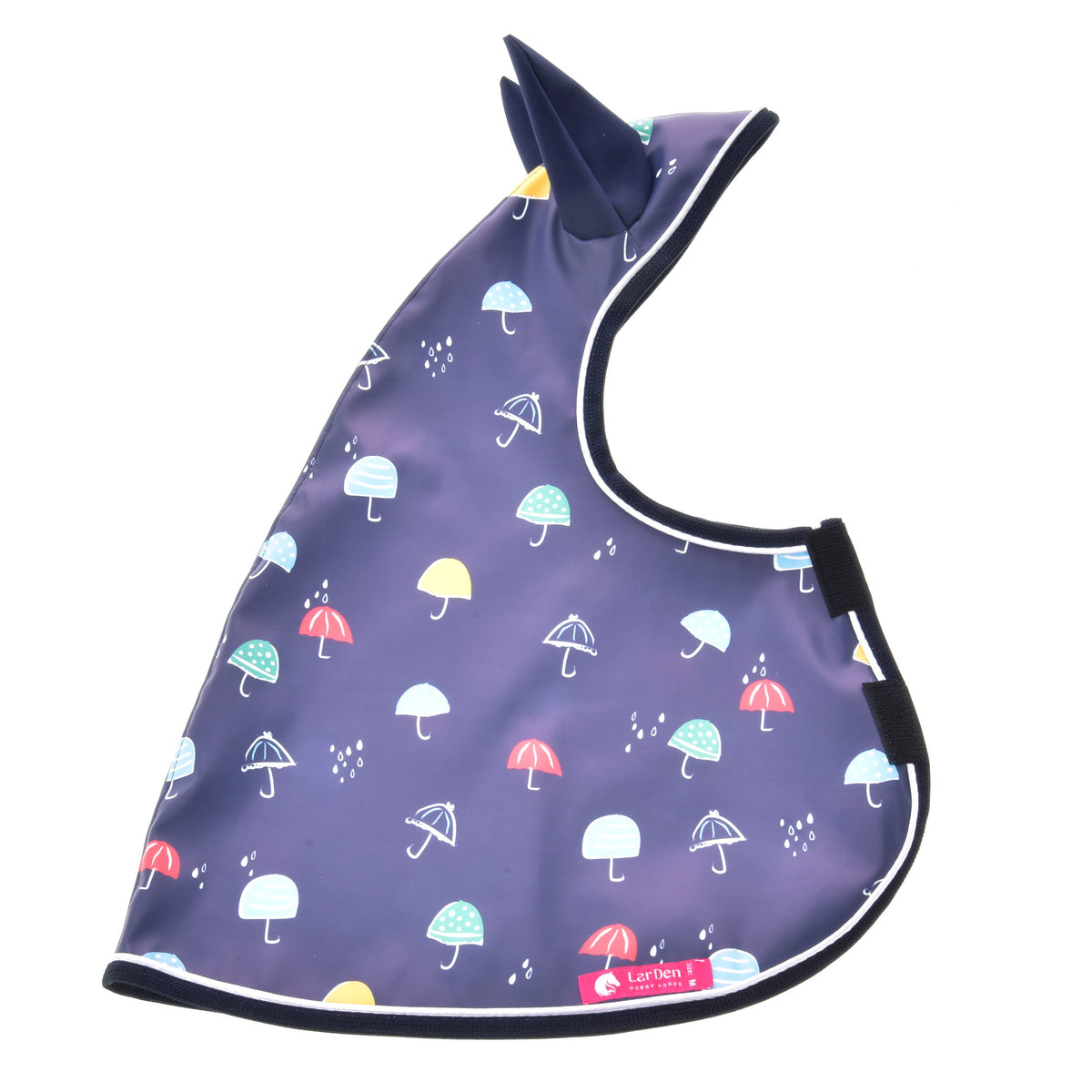 Raincoat laid flat in navy with a colourful umbrella print, white piping, Velcro chest straps and a pink LarDen label