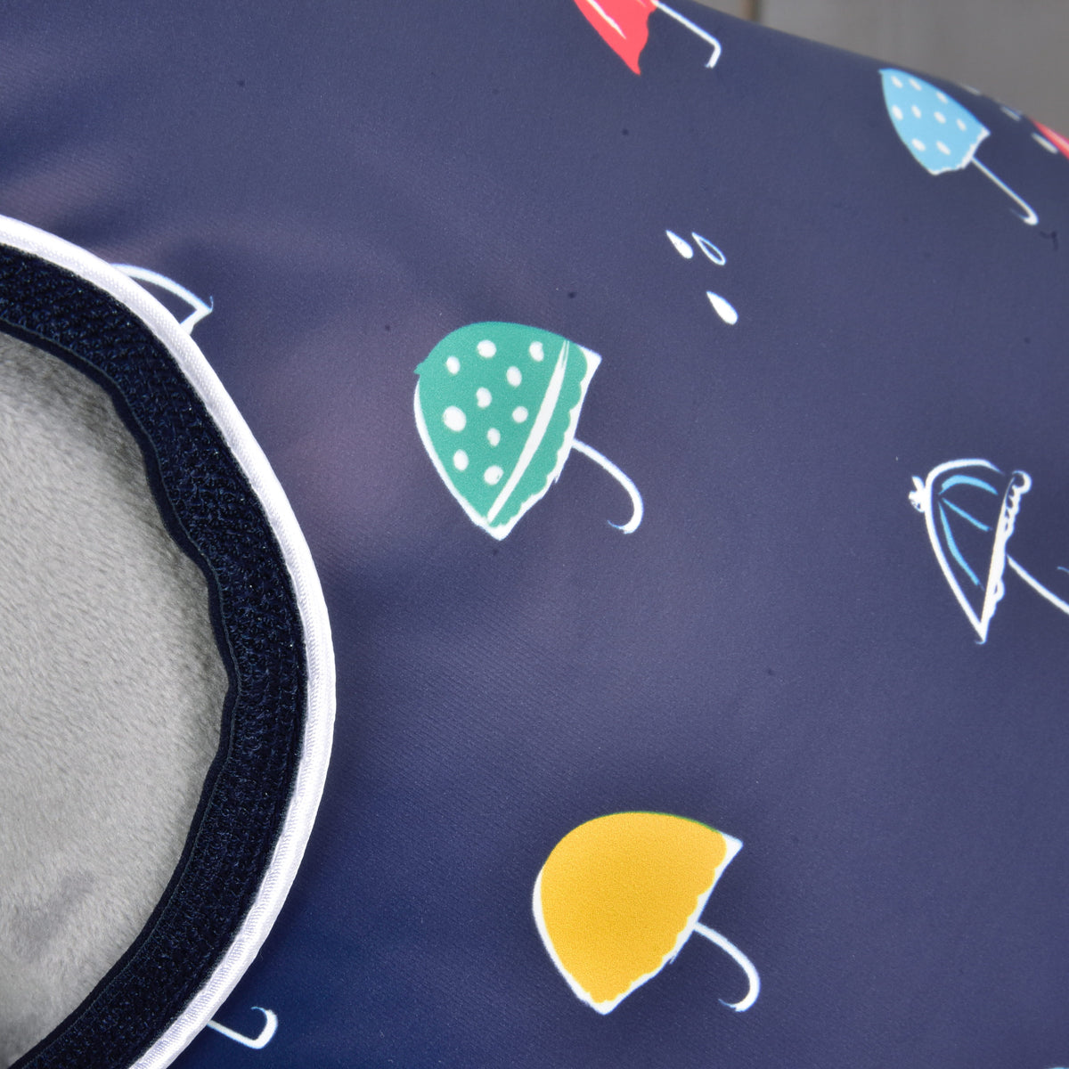 Close-up of the umbrella print in mint, yellow, red and blue beside the navy and white edge of the face opening