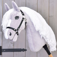 Hobby Horse Popcorn with Black Halter by LarDen, a light grey plush head with a white blaze and long white yarn mane