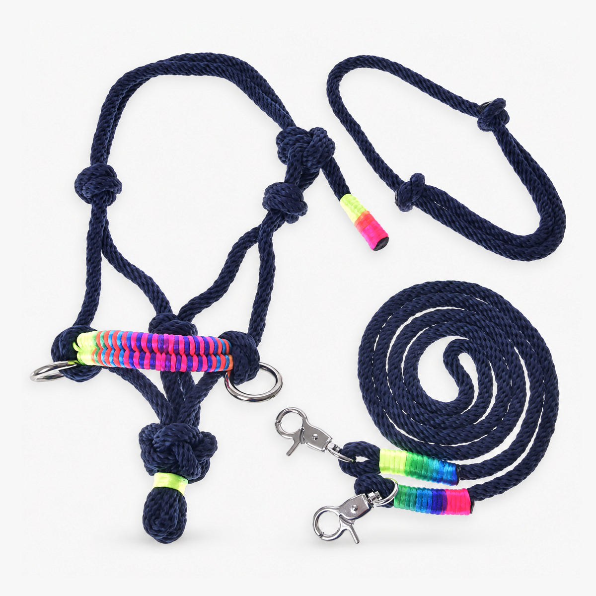 Hobby Horse Rope set Rosemary by LarDen: navy rope halter with neon rainbow noseband, navy neck ring and reins on white