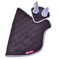 Hobby Horse Set Purple laid flat, dark purple quilted blanket and ear bonnet with light grey ears and trim