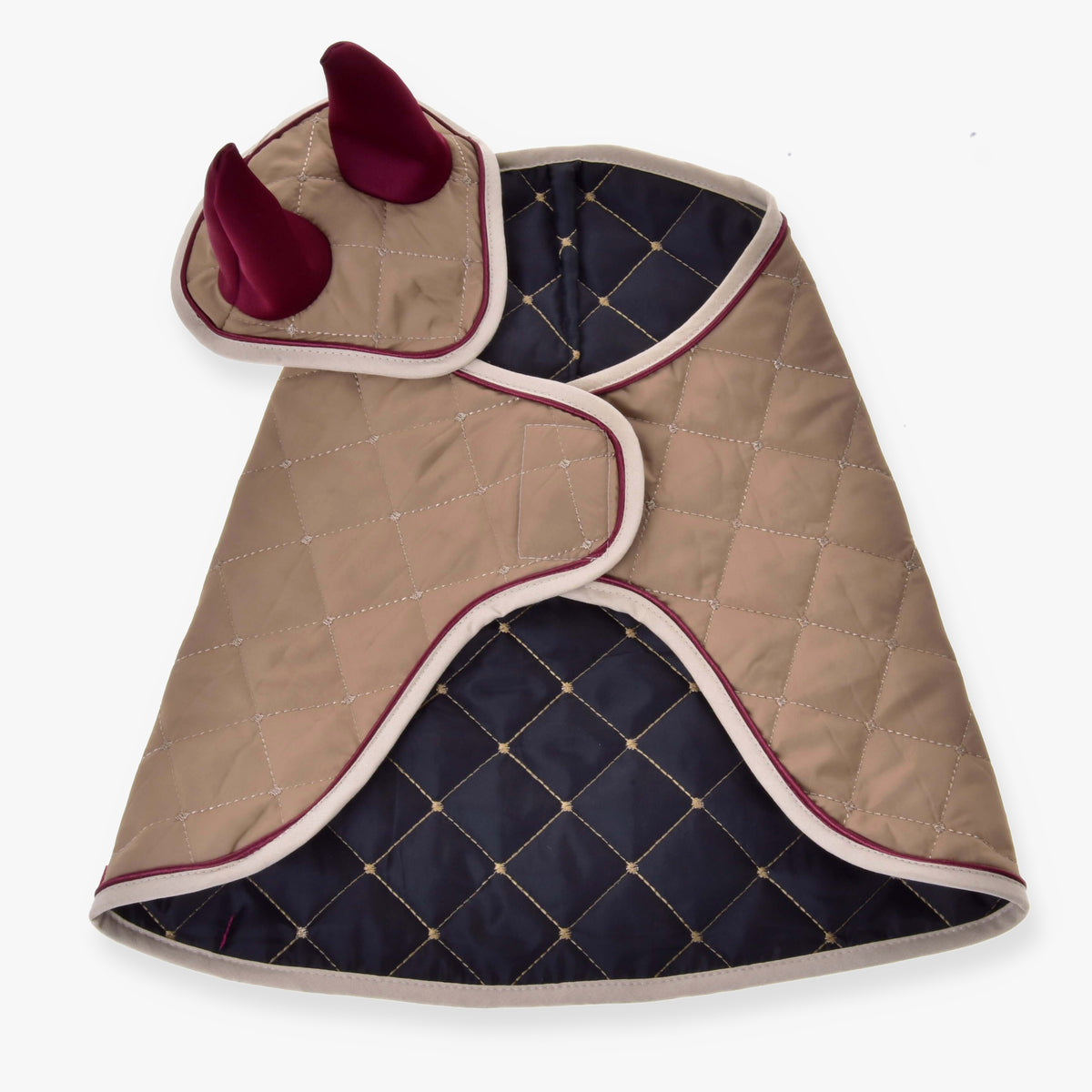 Hobby Horse Set Roma by LarDen, beige quilted blanket with navy lining and ear bonnet with burgundy ears