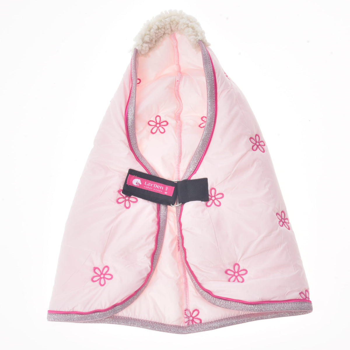Front view of the Hobby Horse Stable Blanket Rosy opened out, with the chest strap, pink LarDen label and pale pink lining