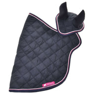 Black quilted blanket laid flat with the ear bonnet at the neck, striped red and white trim and pink LarDen label