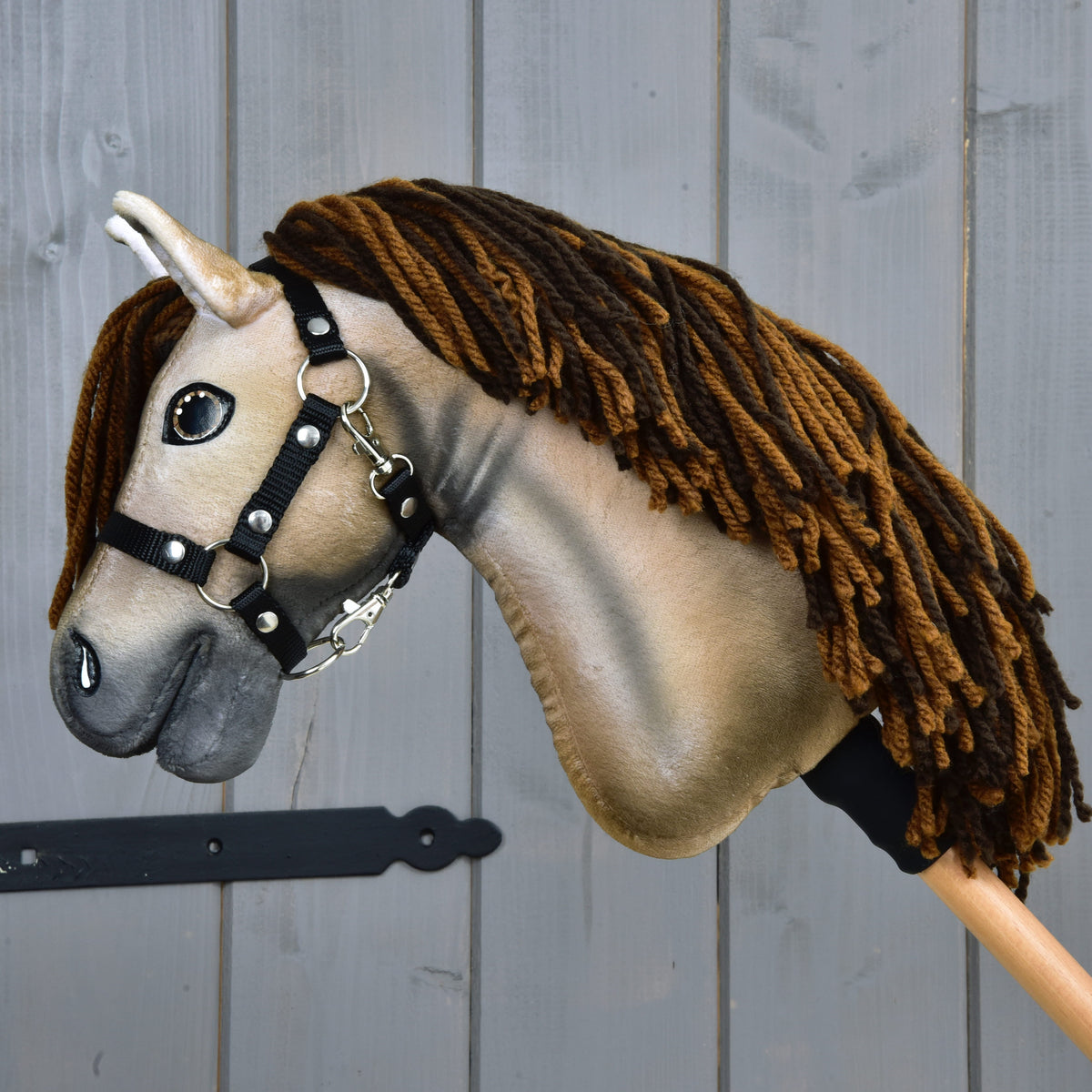 Beige Mustang Hobby Horse Ruby in left profile, wearing a black halter with silver rings on a wooden stick