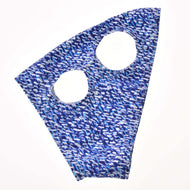 The mask laid flat: royal blue fabric with white and light blue dashes and two round eye holes