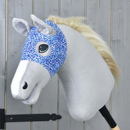 LarDen Horse Mask without ears See in a blue and white dash print over the eyes of a light grey Hobby Horse