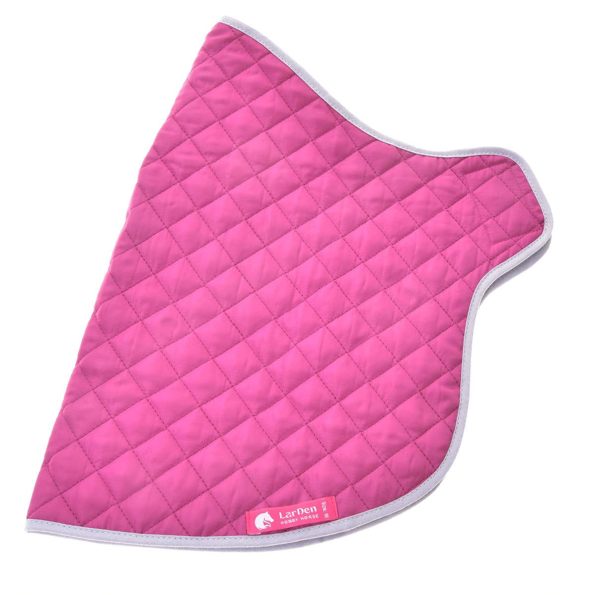 Outer side of the quilted hot pink Hobby Horse blanket with silver binding and the pink LarDen label