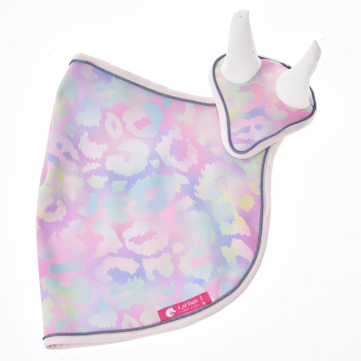 Pastel leopard print Hobby Horse blanket with matching ear bonnet and pink LarDen label, shown on a white background