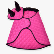 Hobby Horse Set Thermo Pink by LarDen, quilted pink blanket with black fur collar and ear bonnet with black ears
