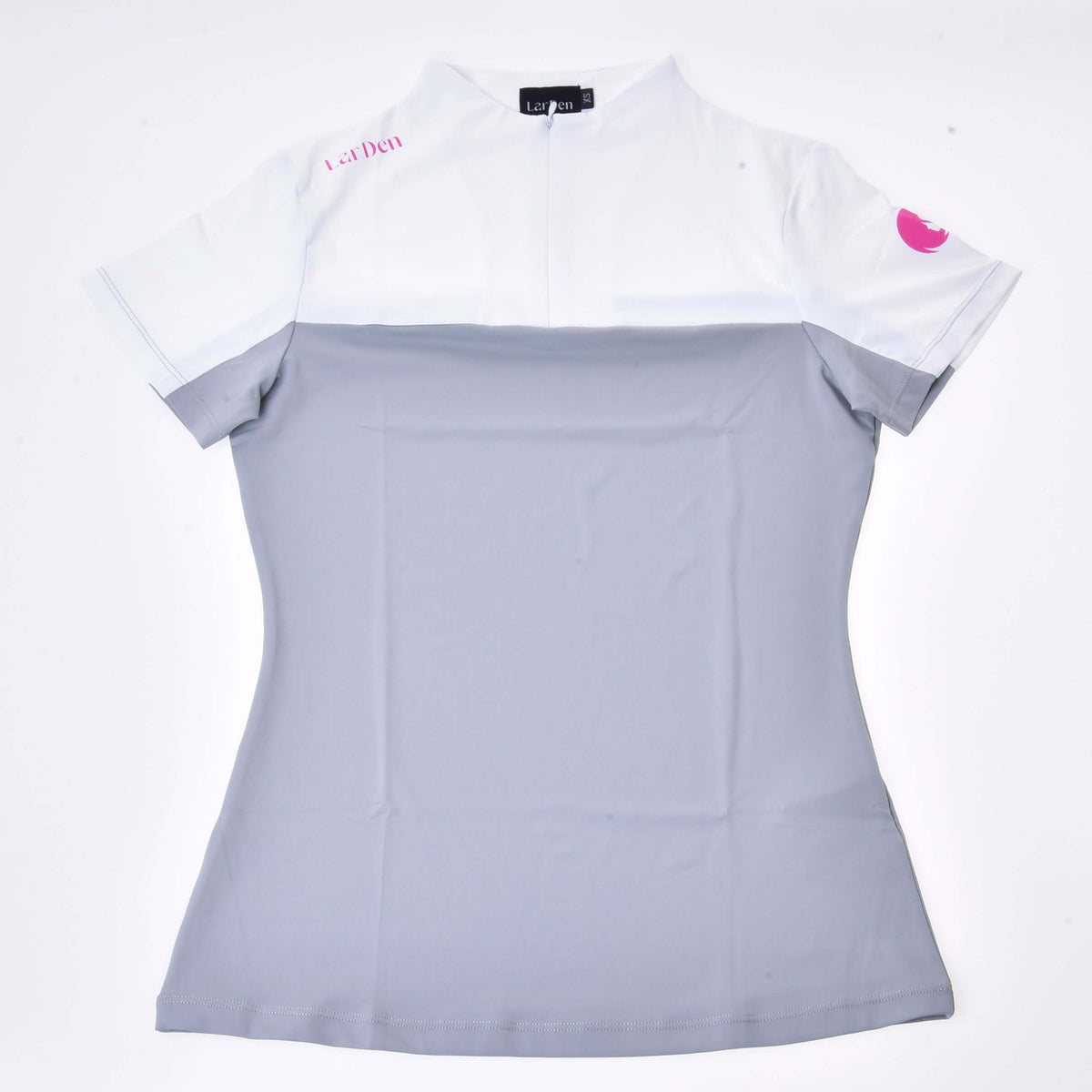 White and light grey Hobby Horse T-Shirt laid flat, pink LarDen lettering on the chest and a pink horse logo on the sleeve