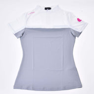 White and light grey Hobby Horse T-Shirt laid flat, pink LarDen lettering on the chest and a pink horse logo on the sleeve