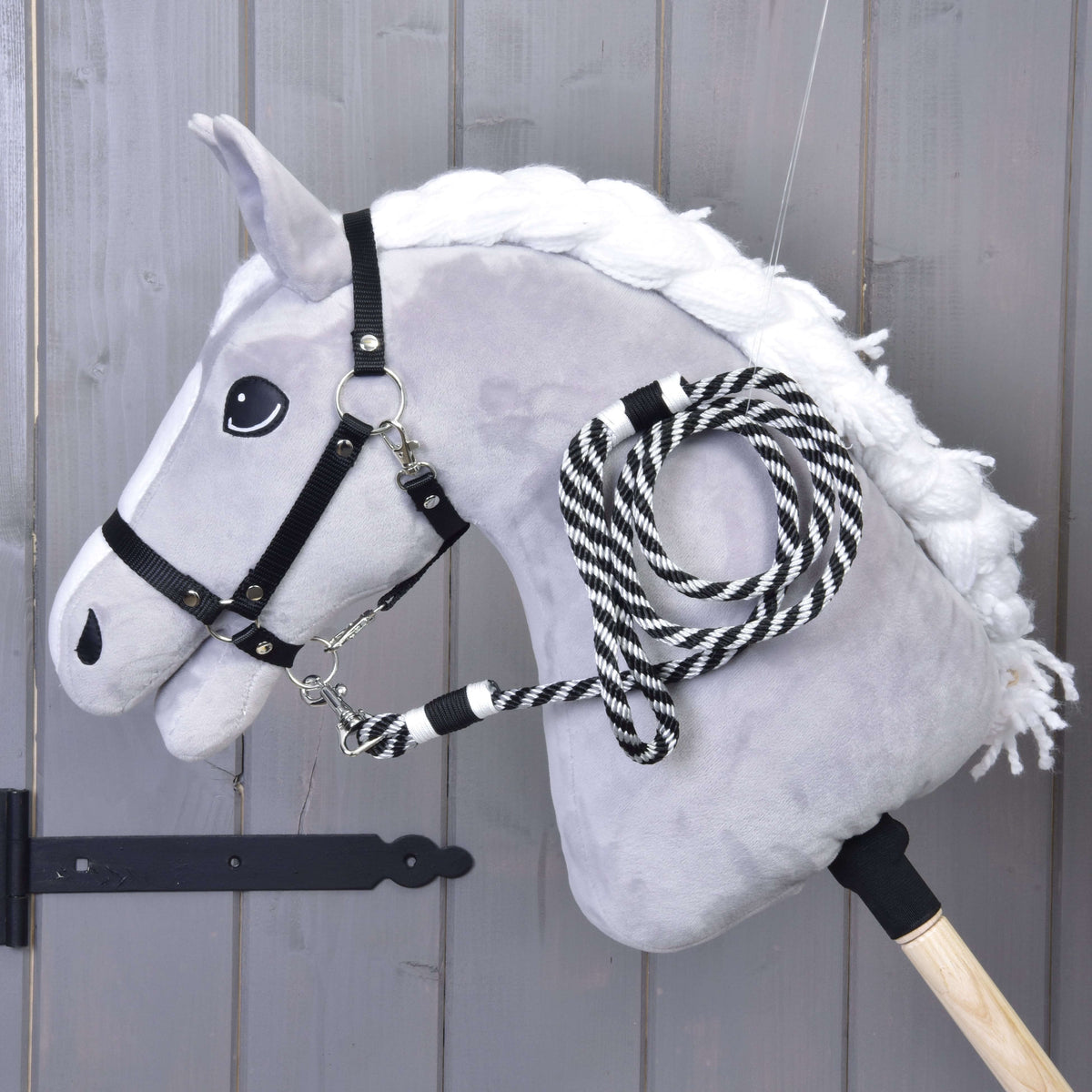 Grey Hobby Horse in a black halter with the Lead rope stripe black clipped on, hanging in loops by the neck