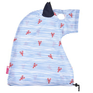 Andromeda protective suit laid flat from the side, striped Lycra with a red lobster print, a navy ear and drawstring hem