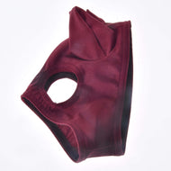 Horse Mask Barn Red for a Hobby Horse, folded on white to show a pointed ear cover and round eye hole