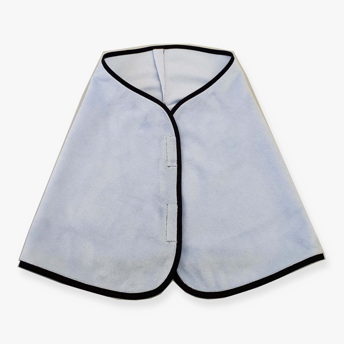 Hobby Horse Blanket Aqua by LarDen in pale blue plush with black trim and two hook-and-loop tabs, laid flat