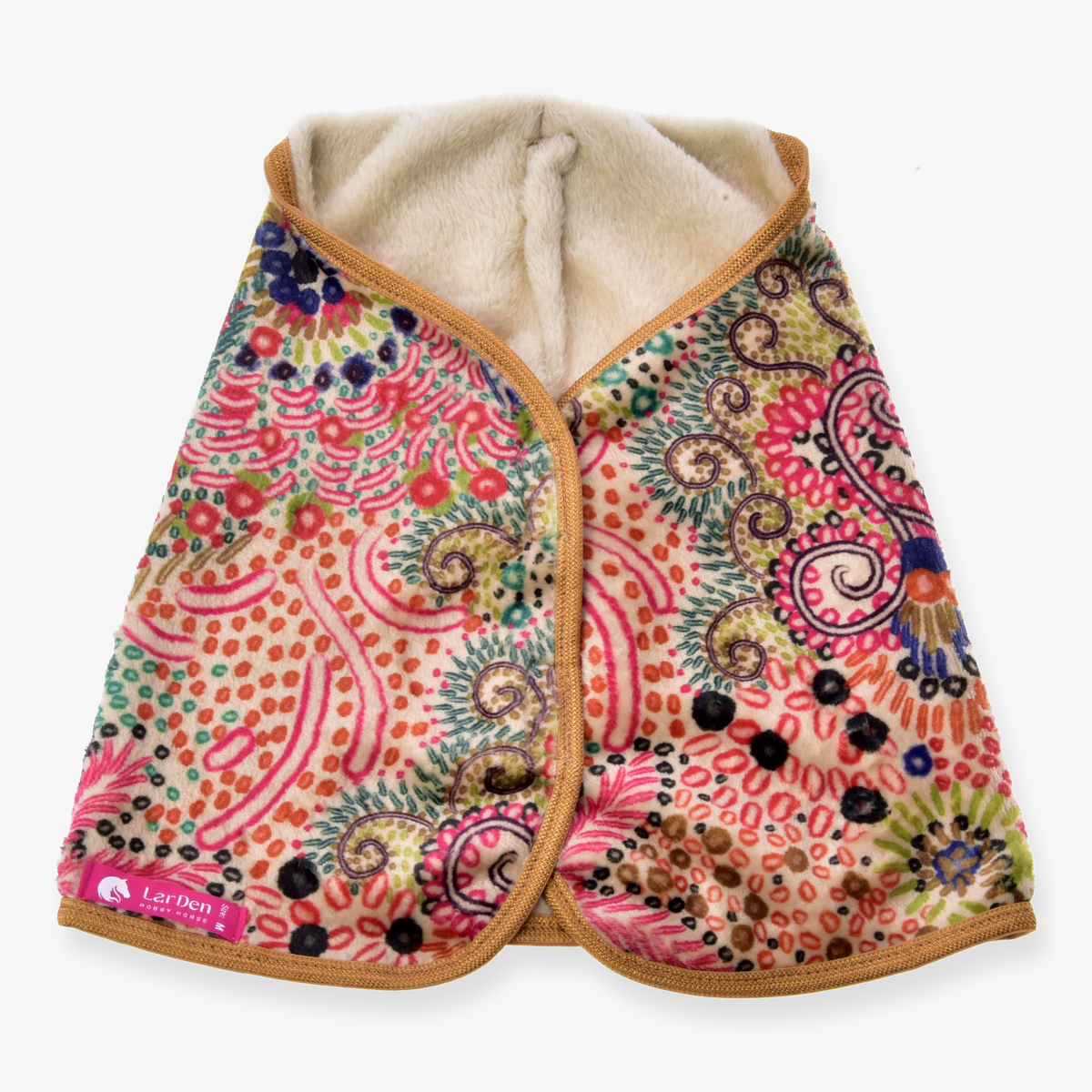 Hobby Horse Blanket Jungle by LarDen with a colourful swirl and dot pattern, cream plush lining and golden brown binding