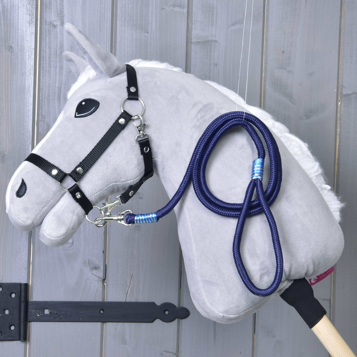 Light grey Hobby Horse in a black halter with the navy rope stripe Blues lead rope looped over its neck