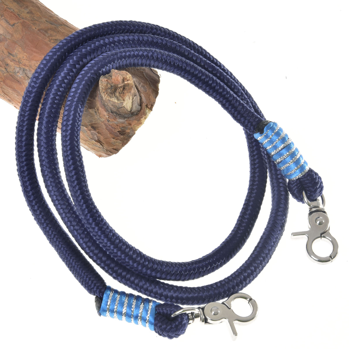 Hobby Horse Reins Blues by LarDen, navy rope reins with light blue and silver wraps and two silver snap hooks