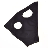Black mask without ears laid flat from the side, smooth stretch fabric with two round openings for the eye and ear