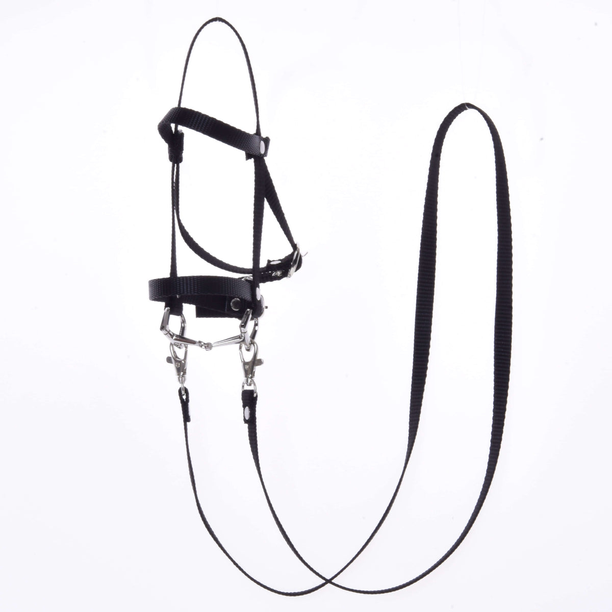 Hobby Horse Black bridle with reins from strap II by LarDen, black webbing with snap hooks and a metal bit, on white