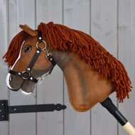Hobby Horse Cooper with Black Halter in profile with head lowered, thick copper mane hanging over the brown neck