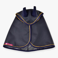 Hobby Horse Raincoat Crone by LarDen opened out from above, navy fine-textured fabric with navy ears and golden piping