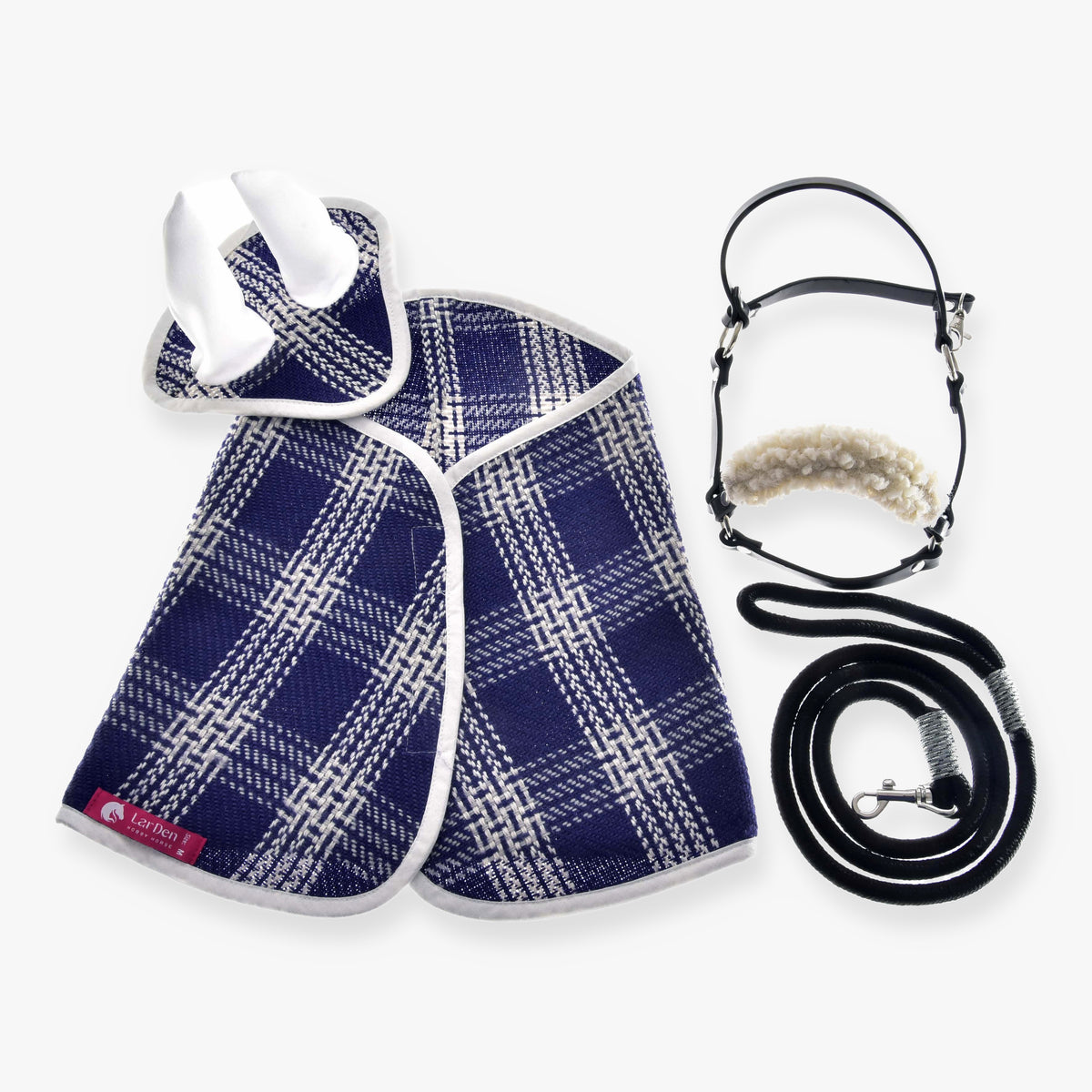 Hobby Horse Set Cube by LarDen: navy and white check blanket and ear bonnet, black halter with fur and black lead rope