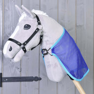 Grey plush Hobby Horse in a black halter wearing the blue mesh Fly sheet, fastened at the chest with a metal ring