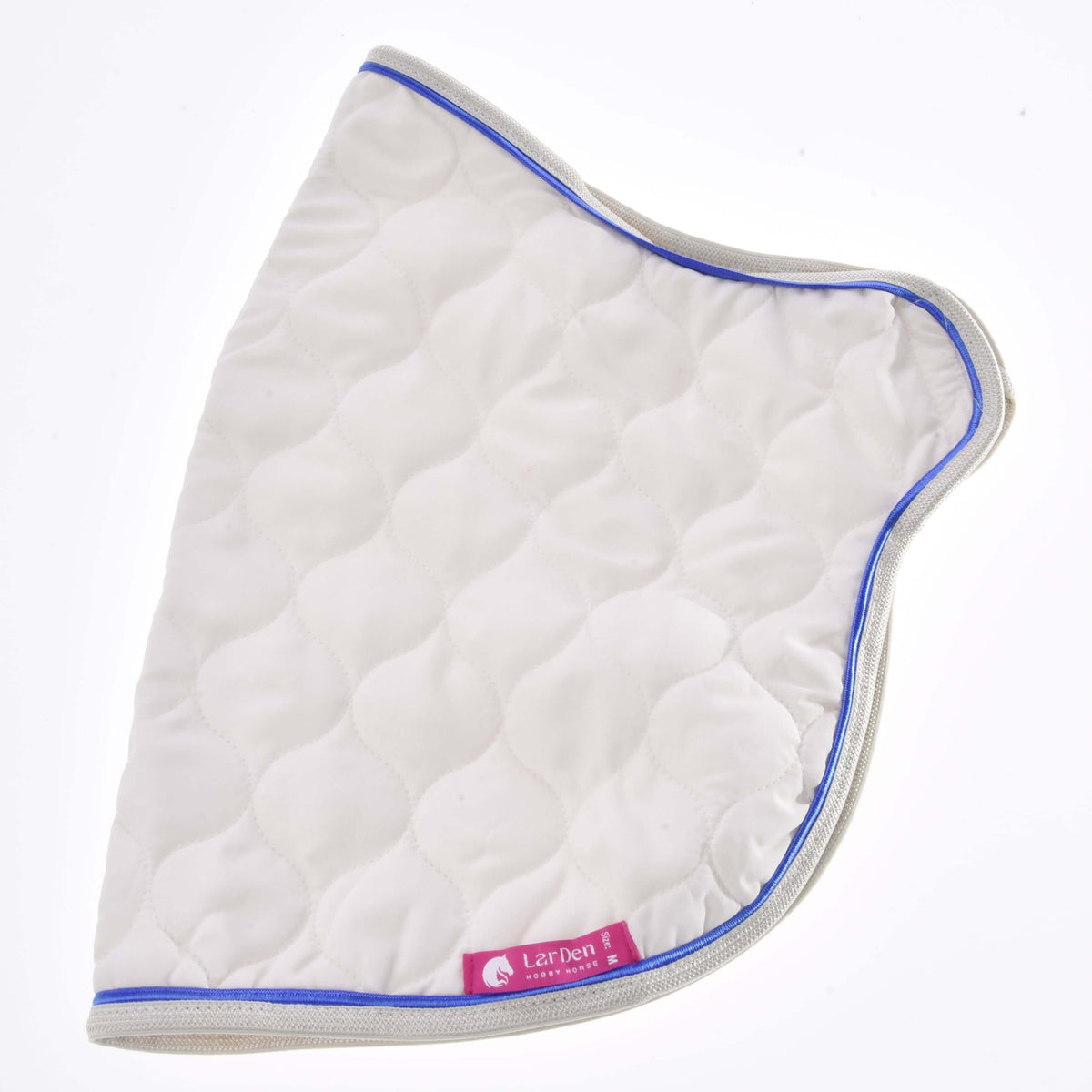 Hobby Horse Blanket Cream Pearl folded in half, cream wave quilting, blue piping and the pink LarDen label at the hem