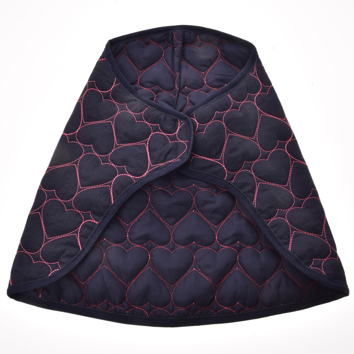 Hobby Horse Blanket Pink Heart by LarDen, navy quilted fabric stitched with pink hearts, laid out flat