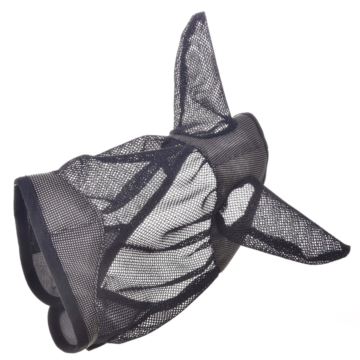 Hobby Horse Fly Mask De Luxe Grey on its own from the side, grey fabric with black binding and pointed mesh ears