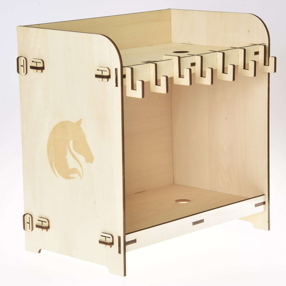 Stable for 2 Hobby Horses from the side, the engraved horse head on the plywood panel and hooks along the top edge