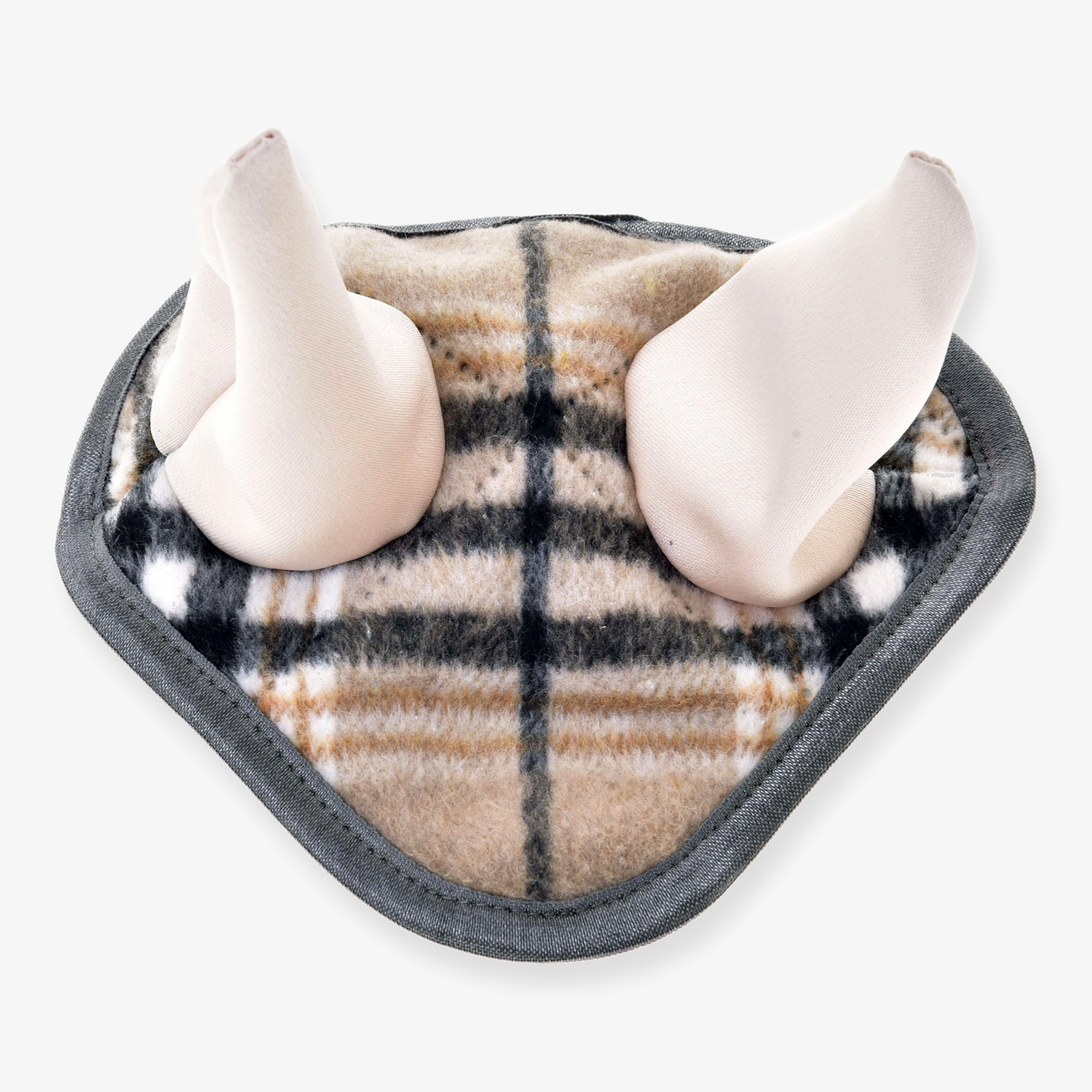 Hobby Horse Ear bonnet Cremo England by LarDen, beige check ear bonnet with cream ear covers and grey binding