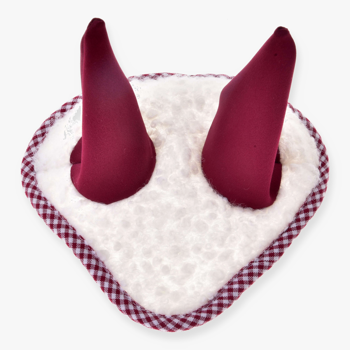 LarDen Hobby Horse fülvédő Cube Red fehér göndör sherpából, bordó fülekkel és piros vichykockás szegéllyel