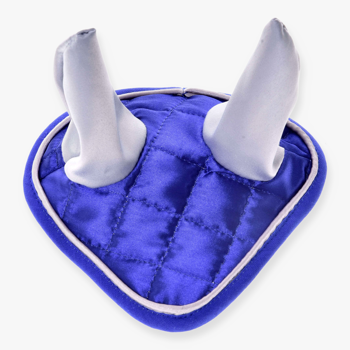 LarDen Hobby Horse fülvédő DeLuxe Blue fényes királykék steppelt szaténból, ezüstszürke fülekkel és szürke paszpóllal