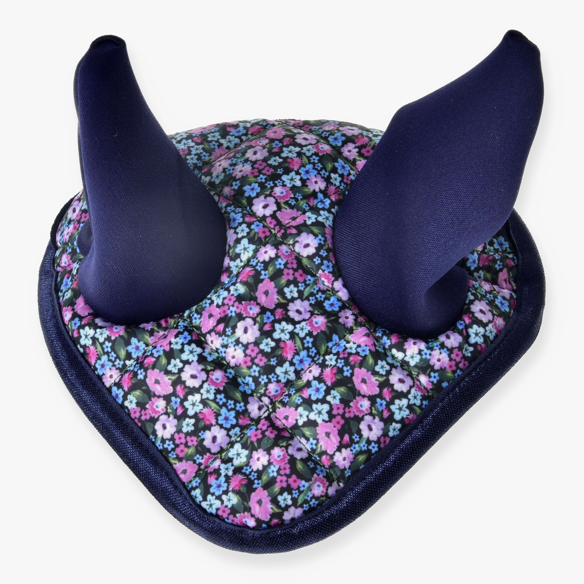 LarDen Hobby Horse Flower fülvédő sötétkék fülekkel és apró rózsaszín, lila és kék virágos steppelt felsőrésszel
