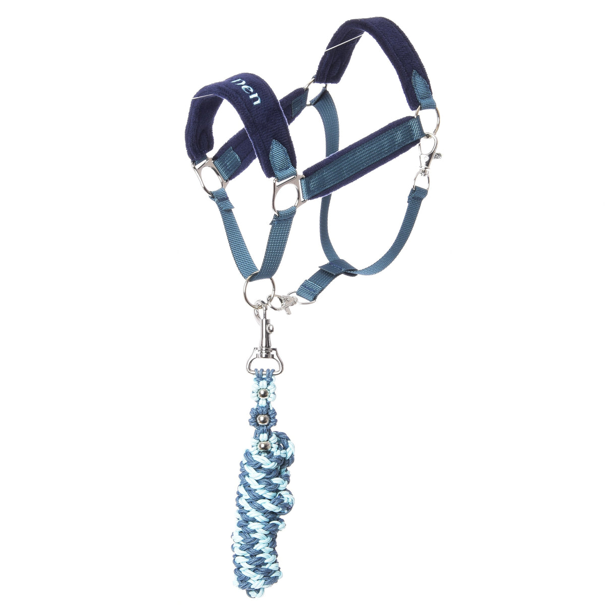 Hobby Horse szett LarDen Exclusive Blue: kék heveder kötőfék párnázott sötétkék orrszíjjal és fonott kék vezetőszárral