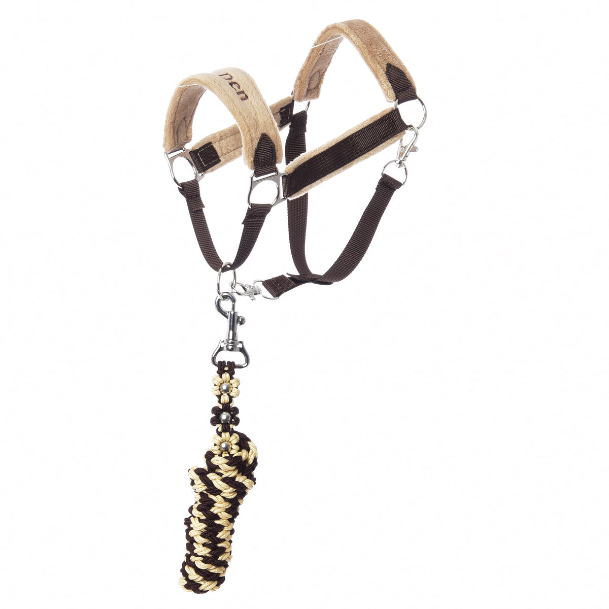 Hobby Horse Set LarDen Exclusive Braun: dark brown webbing halter with padded beige noseband and a brown and cream lead rope
