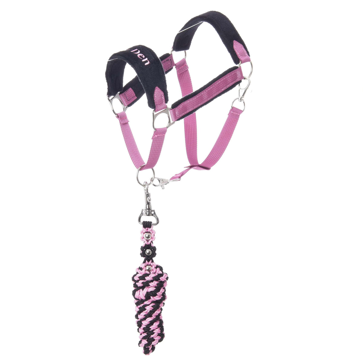 Hobby Horse Set LarDen Exclusive Pink: pink webbing halter with padded black noseband and a braided pink and black lead rope