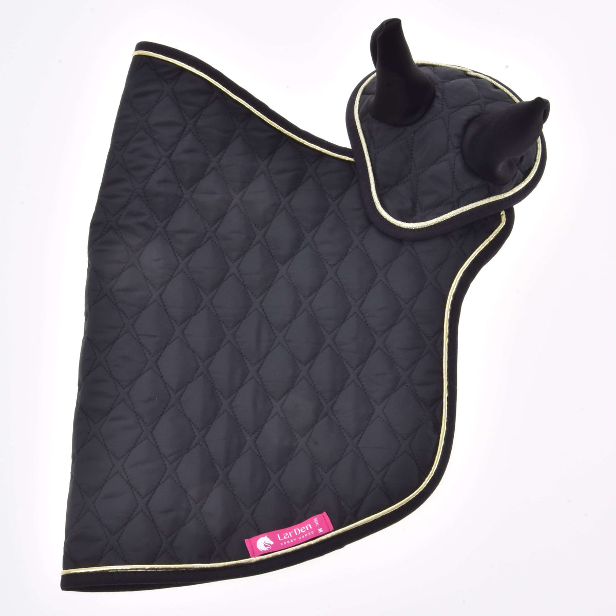 The black quilted blanket and ear bonnet laid flat from the side, gold piping and a pink LarDen label at the hem