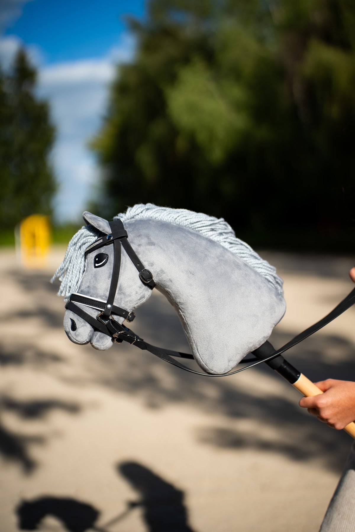 Hobby Horse Grace fekete kantárban csillogó homlokszíjjal, orrszíjjal és szárral, a magasba tartva egy napsütéses homokos úton